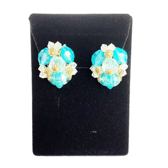 West Germany Clip On Earrings Clusters Gold Tone Blue Plastic Beads Earrings - Picture 1 of 5